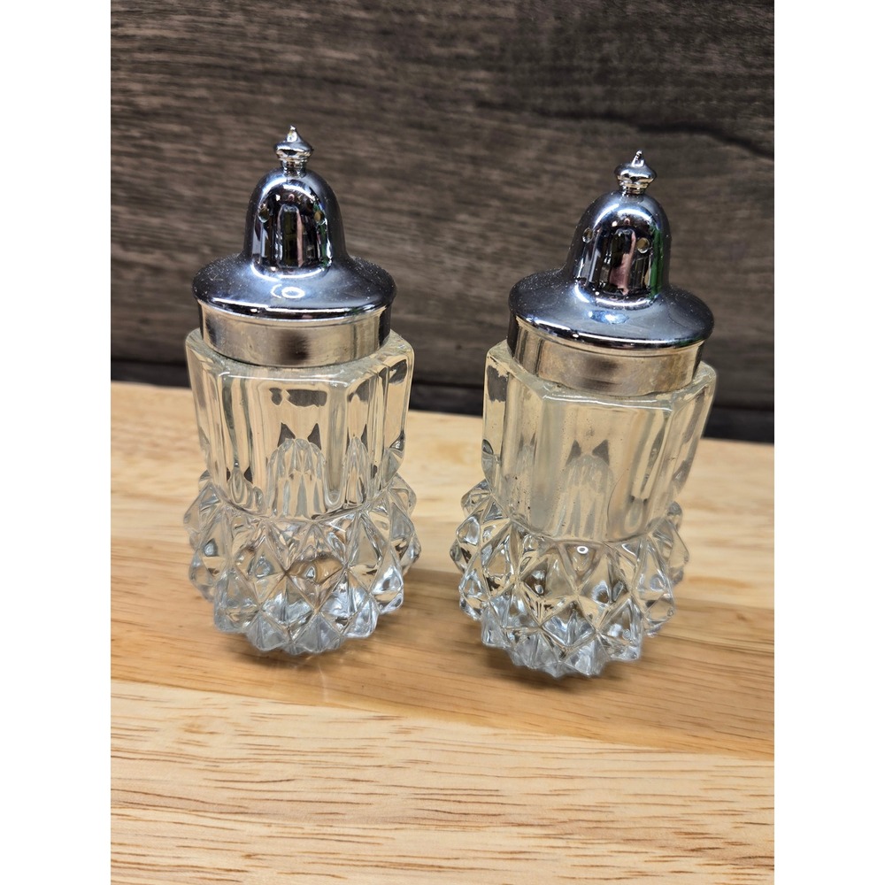 Vintage Pressed Glass Salt and Pepper Shakers Diamond Point Chrome Lids Set of 2